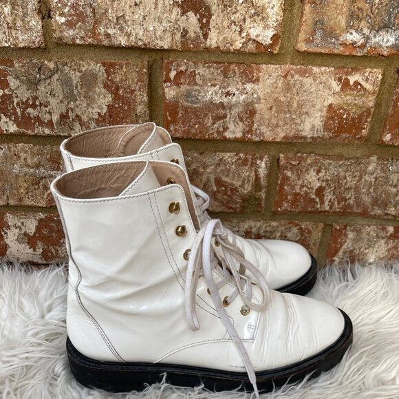 Stuart Weitzman White Glossy Lace-up Leather Ankle Combat Boots Size 7.5B - Picture 4 of 7